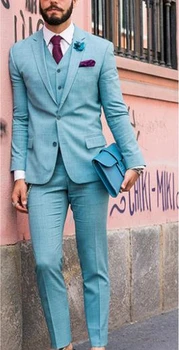 Най-новите Модели Палта И Панталони в Светло Синьо Плажен Мъжки Сватбен Костюм Slim Fit Блейзър от 3 Части По Поръчка Смокинг За Младоженеца Terno Masculino