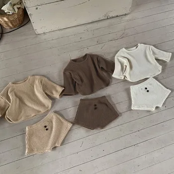 Обикновен комплект за новородени момчета и момичета, отгоре с дълъг ръкав за новородено момичета + Шорти, 2 броя, пролетно-есенна дрехи за малките момичета