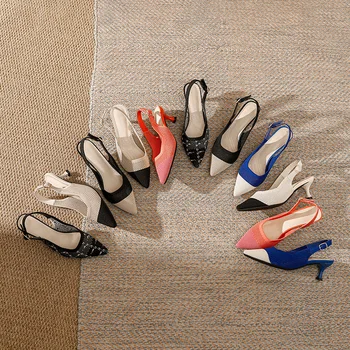 Обувки на японската принцеса; новост 2023 г.; лятна вязаная обувки на кошачьем ток; дишащи дамски сандали на висок ток с кухи каишка отзад