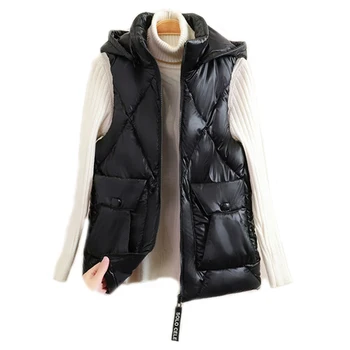 Памук женски жилетка с голям джоб, гланц зимата топлоизолация за тяло с качулка на памучна подплата, голям размер, един женски