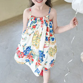 Плажни Летни Рокли-комбинация от флорални Принтом за момичета, Тенденция Детска Пола Midi Трапецовидна форма от корейски памук, с цветен принтом Без ръкави