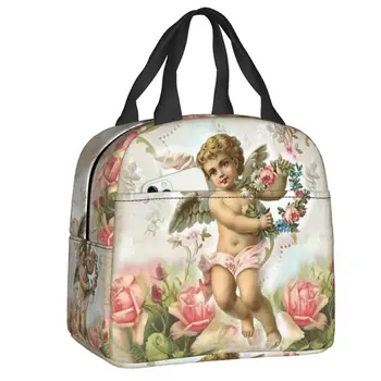 Реколта pink викторианската чанта за обяд с един ангел, мъжки и дамски чанти-хладилник, термоизолированный обяд-бокс за деца, ученически Работни чанти за пикник