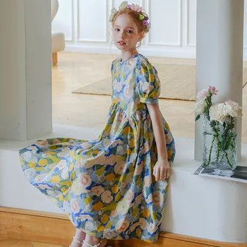 Рокля с цветя модел за момичета, модерно елегантна рокля на принцеса с пищни ръкави във френски стил с цветя модел за деца, лятото 2023, бебешки дрехи за тийнейджъри