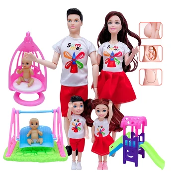 Семейни кукли Игра, определени за 5 души 11,5 инчов Бременна кукла Мама татко Кукла Разтегателен Мебелни аксесоари, Играчки за ролеви игри, Подаръци за момичета