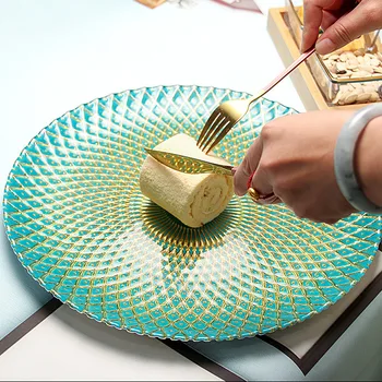 Стъклена чиния Десерт, цветни чиния за салата от пържола в западен стил със сини и златни петна във формата на ананас, луксозна ръчна изработка