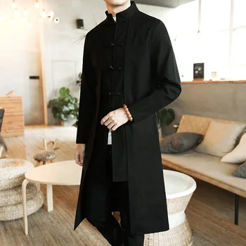 Тренч, мъжки фалшив жилетка от две части, кимоно, вышитое палто, мъжки дълъг китайски стил, черна Свободна реколта памучен бельо яке