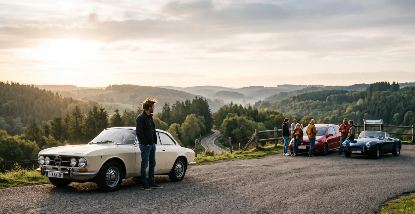 Un passionné d'automobile belge rejoint un groupe de membres d'un club rassemblés autour de voitures de sport sur une route vallonnée des Ardennes au lever du jour