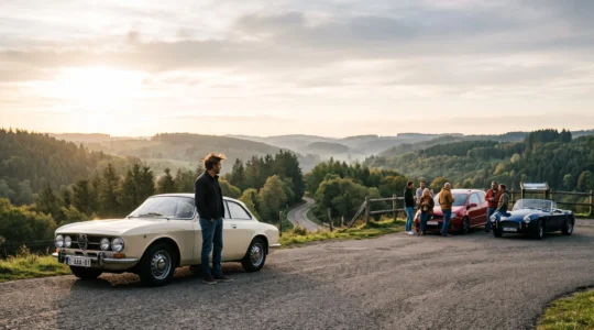 Un passionné d'automobile belge rejoint un groupe de membres d'un club rassemblés autour de voitures de sport sur une route vallonnée des Ardennes au lever du jour