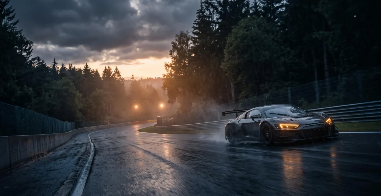 Voiture de course GT3 négociant un virage rapide sous une lumière dramatique, symbolisant la tension stratégique d'une course d'endurance dans les Ardennes belges