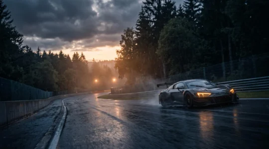Voiture de course GT3 négociant un virage rapide sous une lumière dramatique, symbolisant la tension stratégique d'une course d'endurance dans les Ardennes belges