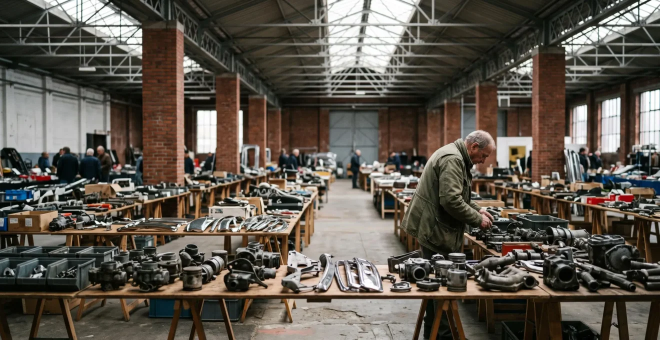 Passionné examinant à la loupe une pièce mécanique ancienne sur un stand de bourse automobile en Belgique