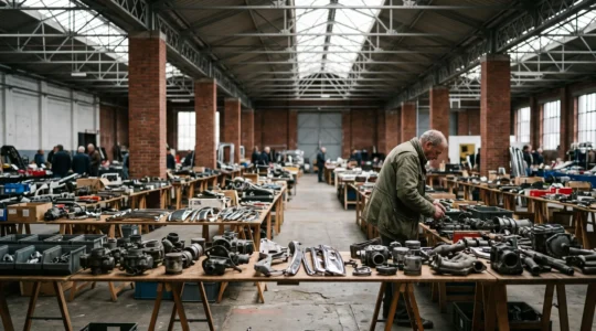Passionné examinant à la loupe une pièce mécanique ancienne sur un stand de bourse automobile en Belgique