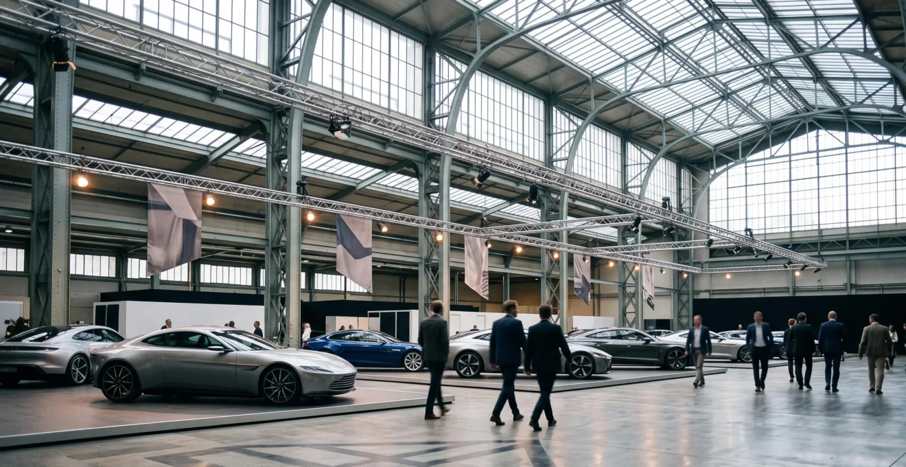Vue panoramique d'un hall d'exposition automobile moderne en Belgique presentant des vehicules aux lignes futuristes sous une verriere industrielle