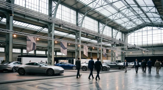Vue panoramique d'un hall d'exposition automobile moderne en Belgique presentant des vehicules aux lignes futuristes sous une verriere industrielle