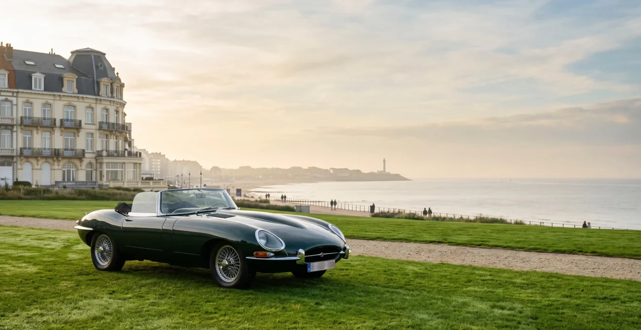 Voiture d'époque élégamment présentée face au littoral de Knokke lors d'un concours d'élégance