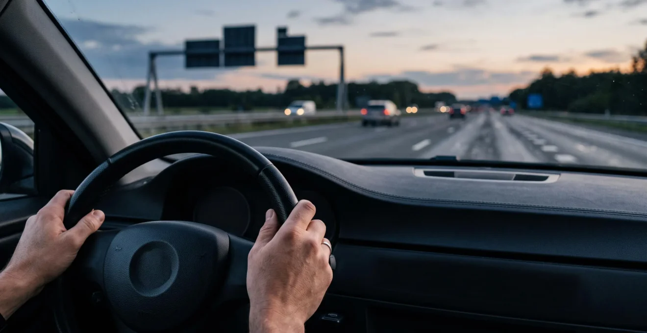 Vue depuis l'intérieur d'une voiture roulant sur une autoroute belge, mains proches du volant, illustrant l'aide au maintien de voie