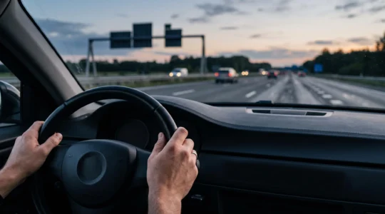 Vue depuis l'intérieur d'une voiture roulant sur une autoroute belge, mains proches du volant, illustrant l'aide au maintien de voie