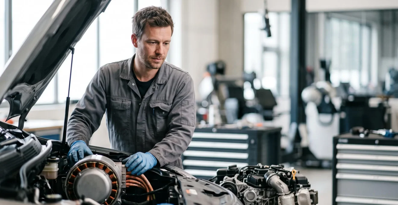 Vue rapprochée d'un mécanicien examinant l'intérieur ouvert d'un compartiment moteur moderne dans un garage belge, illustrant le contraste entre technologie électrique et thermique