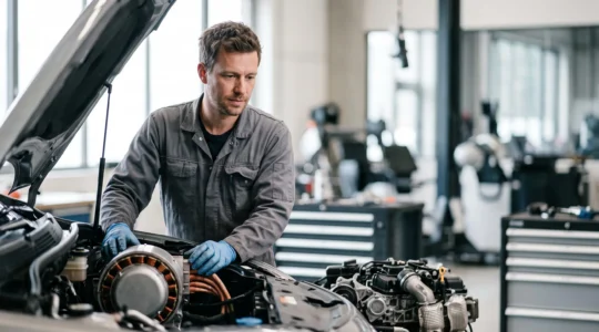 Vue rapprochée d'un mécanicien examinant l'intérieur ouvert d'un compartiment moteur moderne dans un garage belge, illustrant le contraste entre technologie électrique et thermique