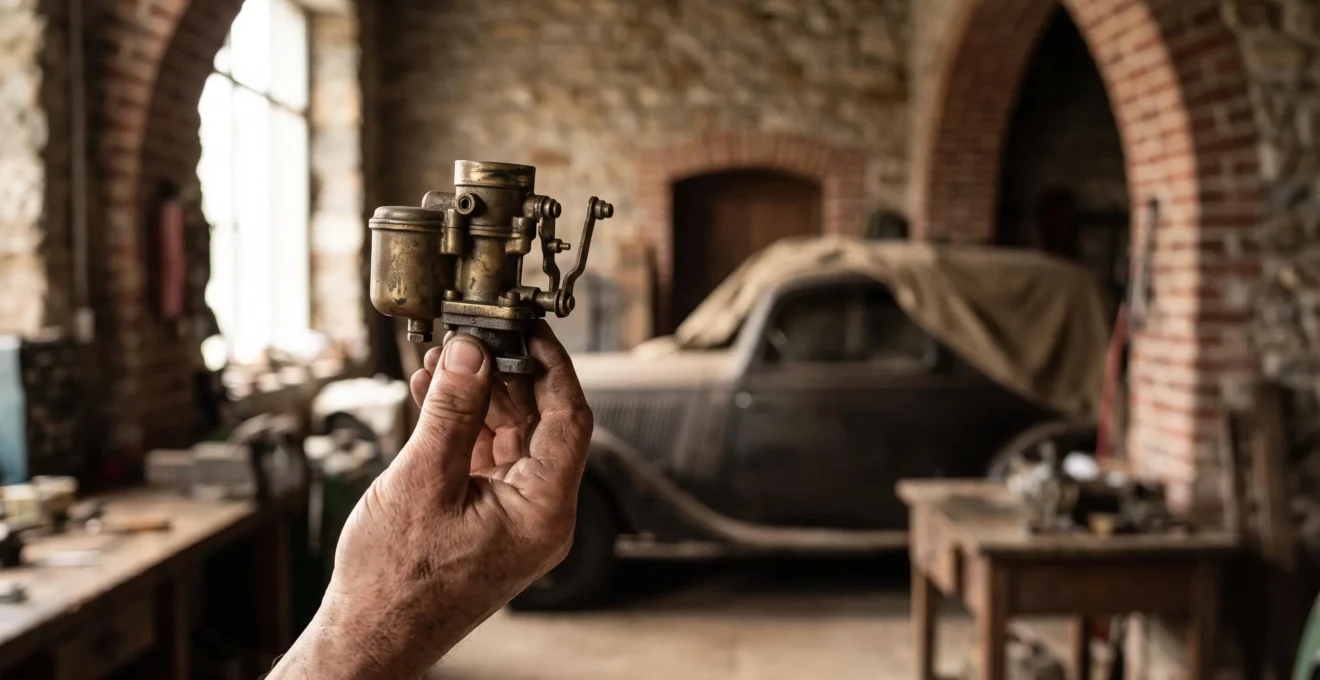 Main d'expert examinant une piece mecanique ancienne authentique dans un atelier de restauration de voiture de collection en Belgique
