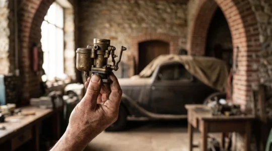Main d'expert examinant une piece mecanique ancienne authentique dans un atelier de restauration de voiture de collection en Belgique