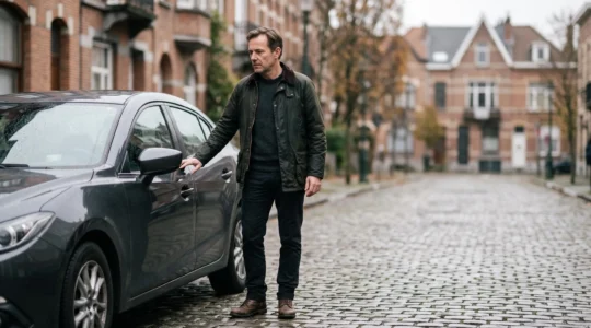 Conducteur pensif posant la main sur sa berline garée devant des facades typiques d'une ville belge, symbolisant l'equilibre entre personnalisation et garantie