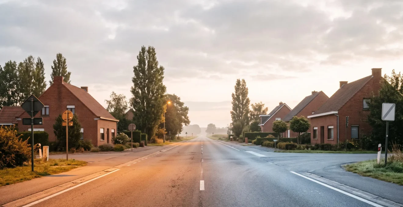 Route belge au crepuscule symbolisant le choix entre motorisation thermique et electrique pour un grand rouleur