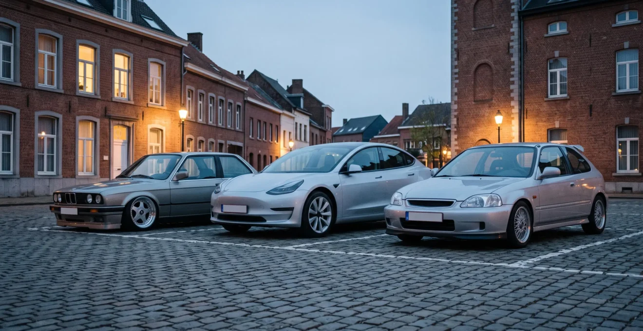 Trois voitures aux styles distincts garées côte à côte dans un parking belge au crépuscule, symbolisant les codes discrets des cultures JDM, Euro et Stance