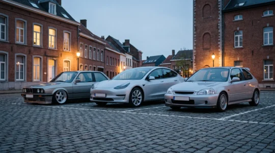 Trois voitures aux styles distincts garées côte à côte dans un parking belge au crépuscule, symbolisant les codes discrets des cultures JDM, Euro et Stance