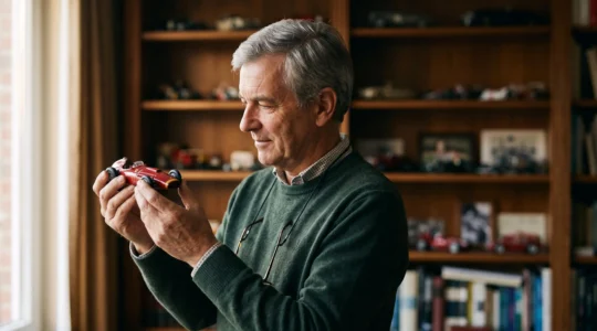 Un passionné de modélisme automobile examine avec attention une miniature de voiture de course posée sur une étagère éclairée, dans une pièce évoquant l'atmosphère feutrée d'une collection belge.