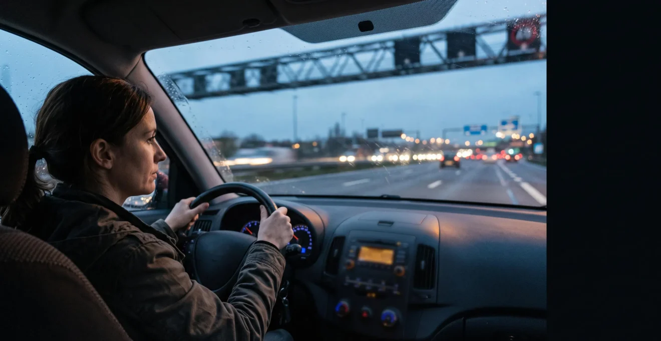 Conducteur concentré sur la route en Belgique, mains sur le volant, utilisant une commande vocale sans regarder d'écran