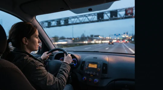 Conducteur concentré sur la route en Belgique, mains sur le volant, utilisant une commande vocale sans regarder d'écran