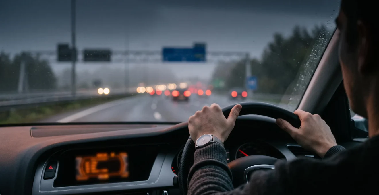 Conducteur au volant sur une autoroute belge au crépuscule, entouré de flux lumineux symbolisant les données de conduite en temps réel