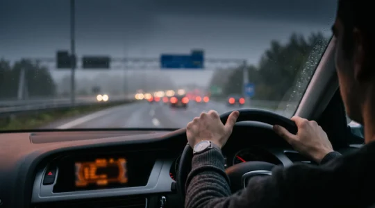 Conducteur au volant sur une autoroute belge au crépuscule, entouré de flux lumineux symbolisant les données de conduite en temps réel
