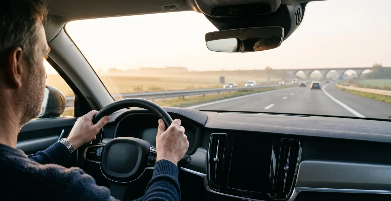 Conducteur détendu au volant sur une autoroute belge fluide au coucher du soleil, illustrant la sérénité apportée par le régulateur adaptatif