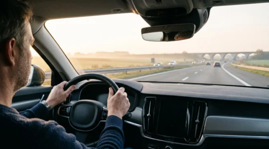 Conducteur détendu au volant sur une autoroute belge fluide au coucher du soleil, illustrant la sérénité apportée par le régulateur adaptatif
