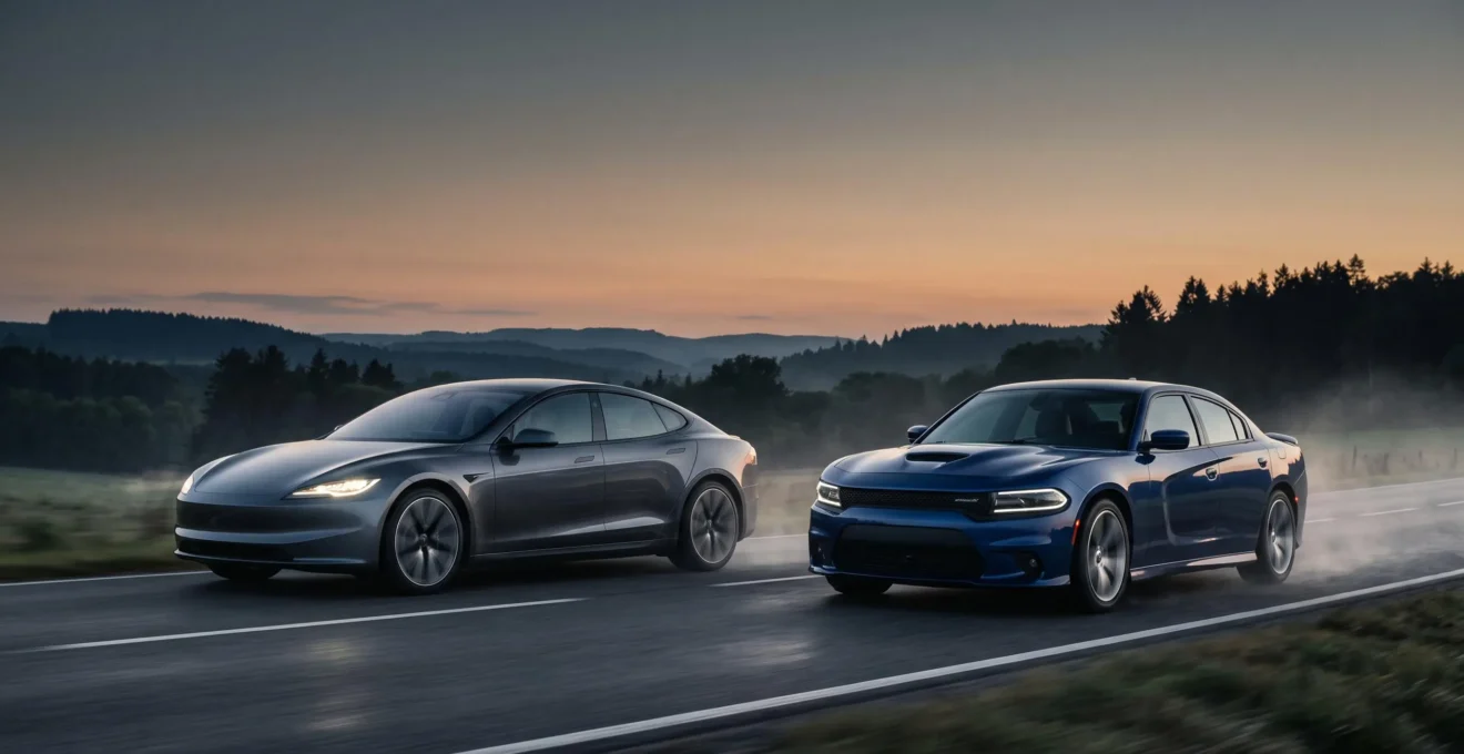 Comparaison visuelle entre l'énergie instantanée d'une voiture électrique et le crescendo mécanique d'un moteur thermique sportif sur une route belge
