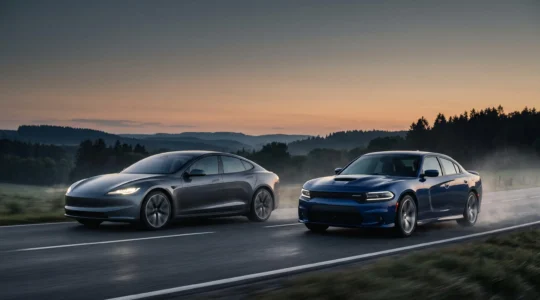 Comparaison visuelle entre l'énergie instantanée d'une voiture électrique et le crescendo mécanique d'un moteur thermique sportif sur une route belge