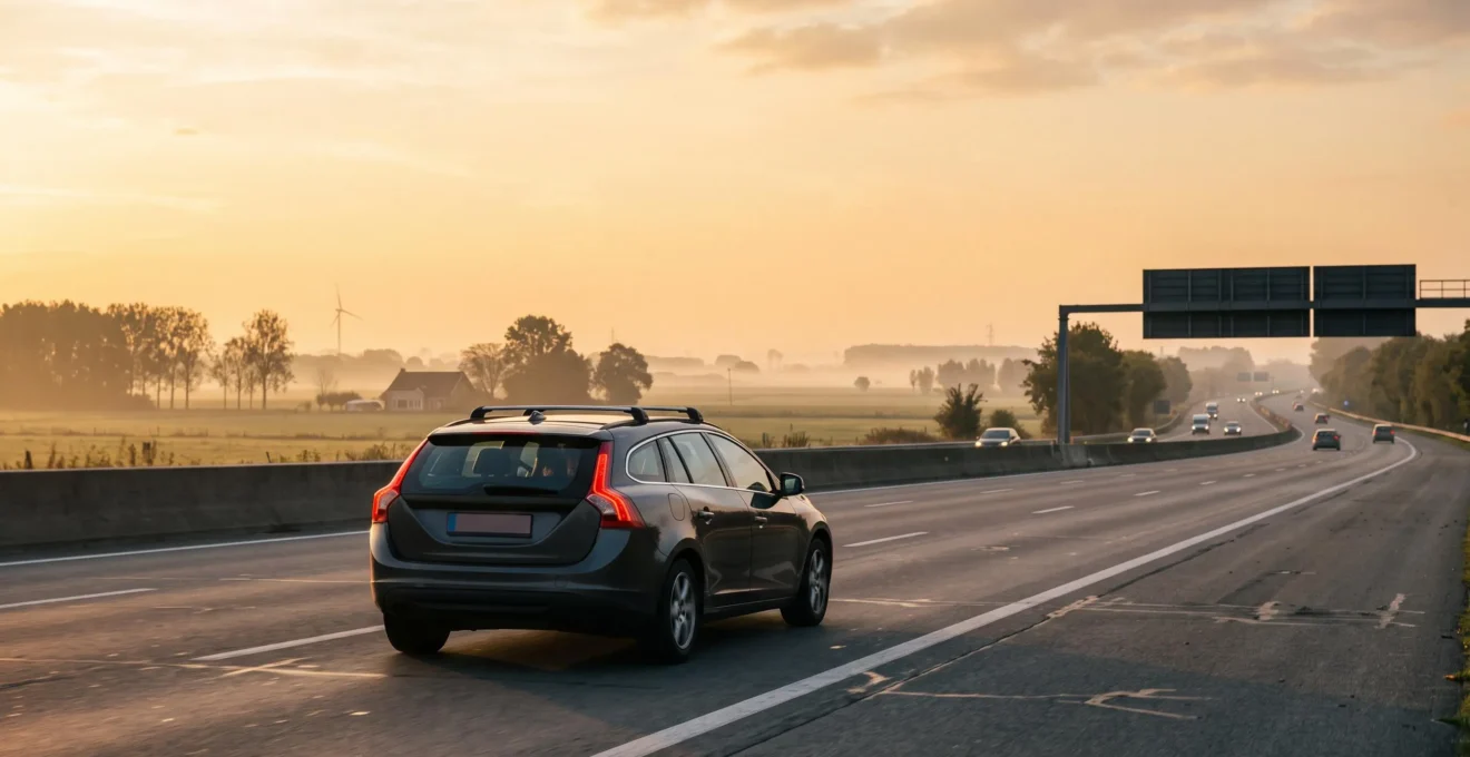 Famille belge lors d'un long trajet en voiture sur autoroute au lever du jour, ambiance sereine et complice