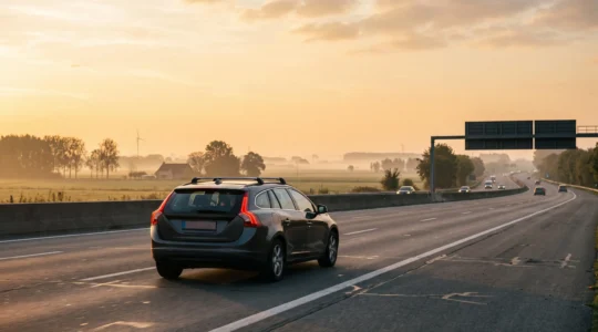 Famille belge lors d'un long trajet en voiture sur autoroute au lever du jour, ambiance sereine et complice