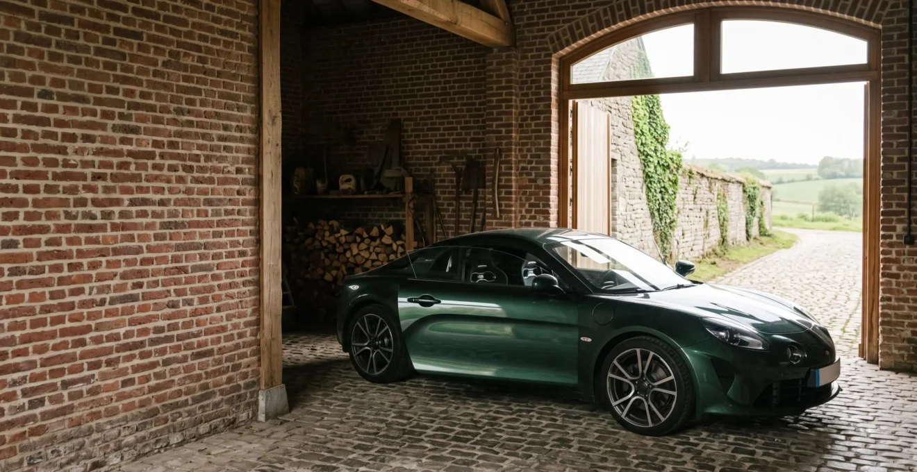 Voiture de sport thermique classique garée dans un garage belge en briques, entre passé et avenir automobile