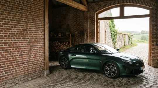 Voiture de sport thermique classique garée dans un garage belge en briques, entre passé et avenir automobile