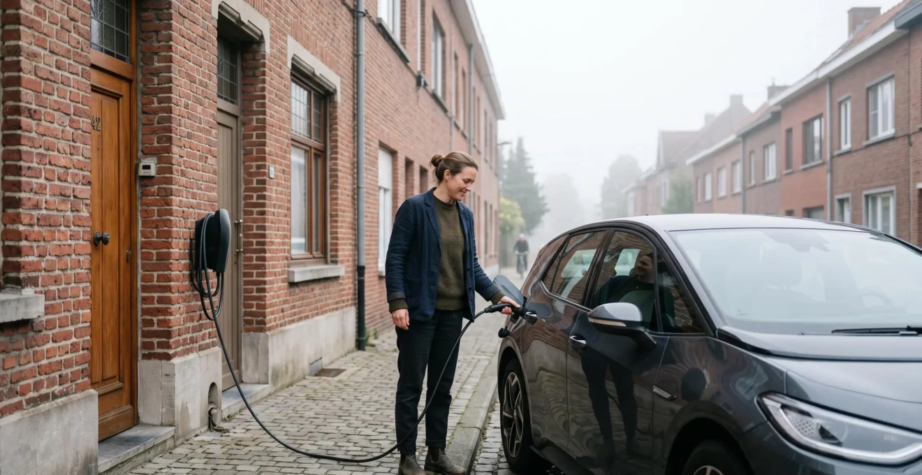 Conducteur serein branchant sa voiture électrique devant une maison typique belge au petit matin