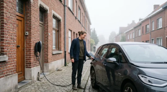 Conducteur serein branchant sa voiture électrique devant une maison typique belge au petit matin
