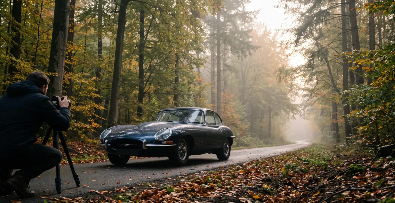 Photographe amateur capturant une voiture de collection sur une route boisée des Ardennes belges au lever du jour