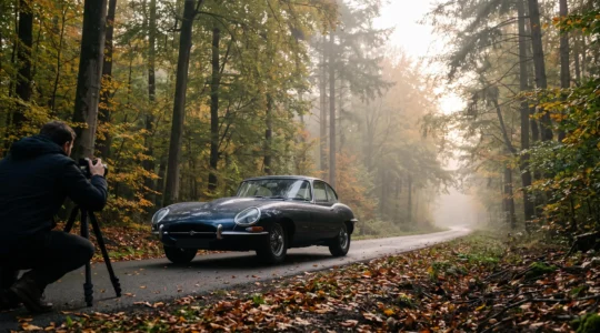 Photographe amateur capturant une voiture de collection sur une route boisée des Ardennes belges au lever du jour