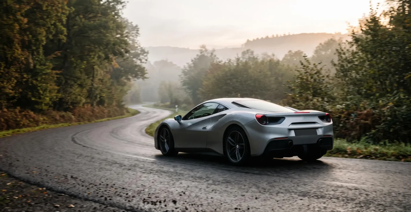 Voiture de sport vue de trois-quarts arrière s'engageant dans un virage sur une route sinueuse des Ardennes belges au lever du jour