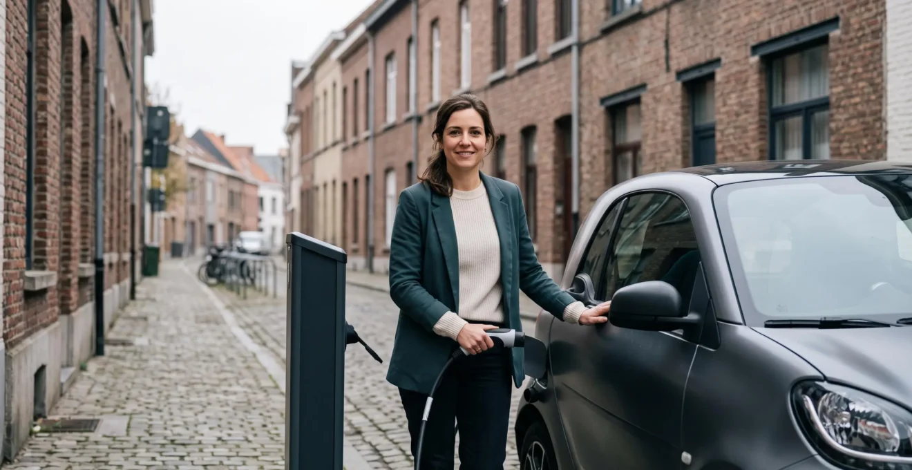 Automobiliste rechargeant sa voiture électrique tôt le matin dans une rue résidentielle typique de Bruxelles