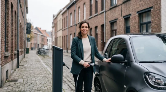 Automobiliste rechargeant sa voiture électrique tôt le matin dans une rue résidentielle typique de Bruxelles