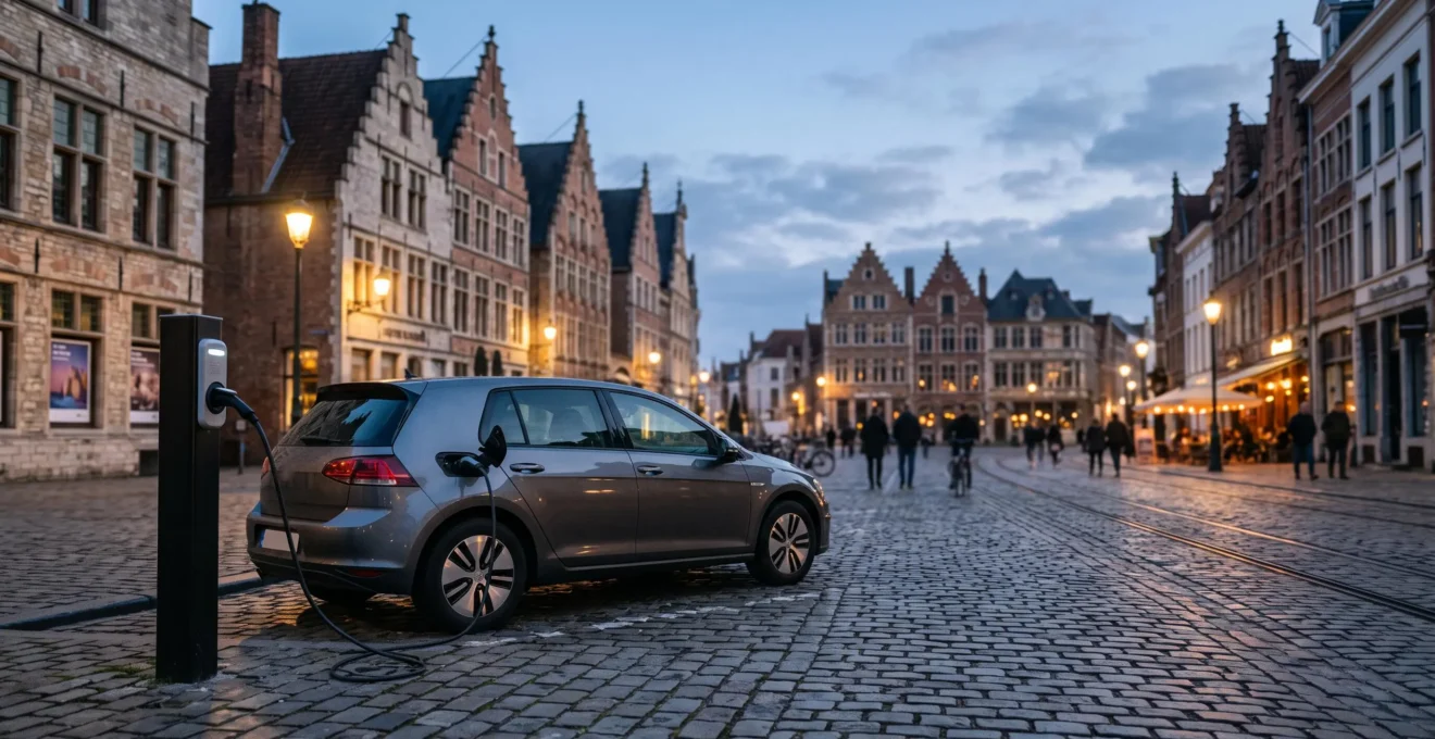 Voiture hybride rechargeable branchée sur une borne publique dans une rue typique d'une ville belge au crépuscule
